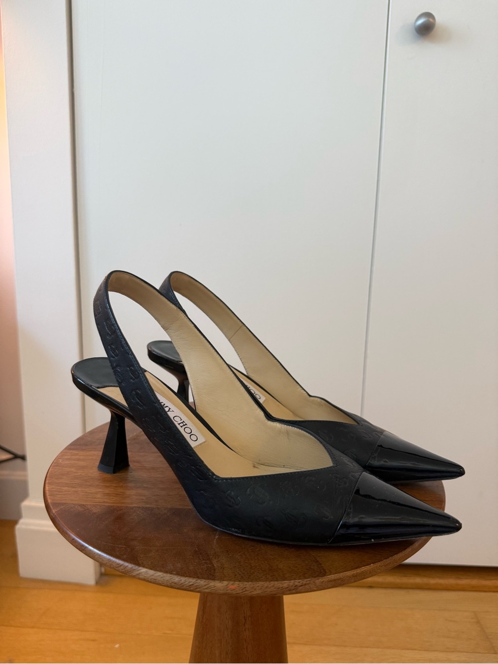 Jimmy Choo Black Pointed Slingback Pumps with Patent Toe